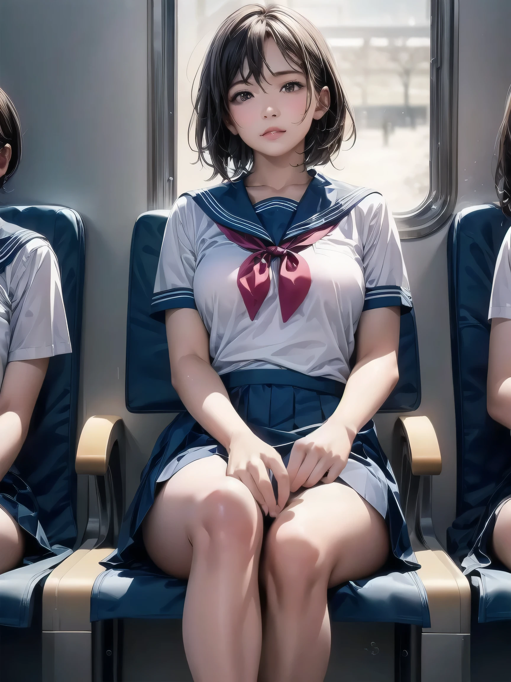 "(masterpiece, High resolution, Ultra High resolution, 4K) Brown Hair,Short Hair, Japanese Girls , Uniform skirt, Accentuate your thighs,  Soft thighs, Great thighs, Sitting on a train, Facing angle, (Angle from below),sitting on a train seat,sitting in front,Crotch Zoom Camera,Put your feet on the train,whole body,Looking down sleepily,Only watching the audience", Please redeem, White underwear is visible,超High resolution, (Realistic:1.4),, High resolution, detailed, RAW Photos, Shapuri, Nikon D850 film stock photo by Lee Jefferies 4 Kodak Portra 400 camera F1.6 lens rich colors hyper Realistic lively textures dramatic lighting unreal engine artstation trends cinestir 800,