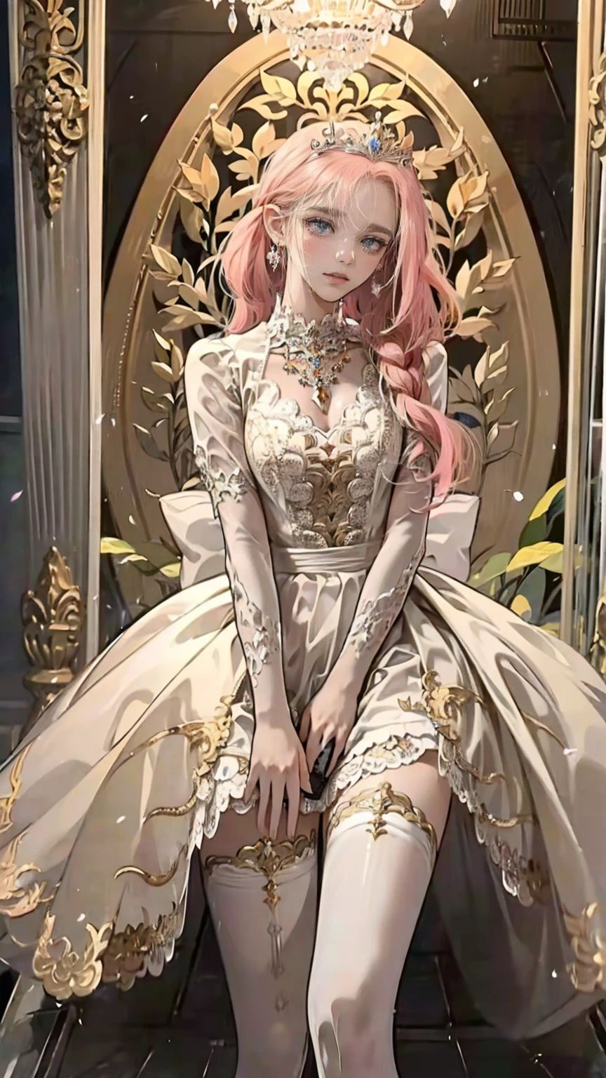 ((Best Quality)), ((Ultra high definition)), ((masterpiece)), ((Romance Fantasy)), ((Illustration)), (detailed), (Clear), (perfection), 1 female, Mature, beautiful, pure, gentle, 前髪のある長いPink Hair, Straight hair, White skin, Sapphire blue eyes, Deep double eyelids, Rich eyelashes, Pretty lips, Large Breasts, Narrow waist, Gorgeous purple dress, Diamond-studded necklace, Diamond Tiara, Ceiling with chandelier, Magnificent banquet hall、(masterpiece, super high quality, official art, beautifully、aesthetic:1.2), (1 Female), Alone, Anatomically correct, colorful, Absurd, unity 8k wallpaper, 超detailed, A radiant healthy glow, Fine details and realistic textures, (Expressive and attractive eyes), (Mandala), Holy Light, Gold foil art, Shining Painting, Long pointy ears, Pink Hair, Pink Eyes, Rainbow Dress, Gemstone Necklace, (Infuriating), Tarot Cards,(Shoot a gun:1.3), (Cowboy Shot), By famous artists,
