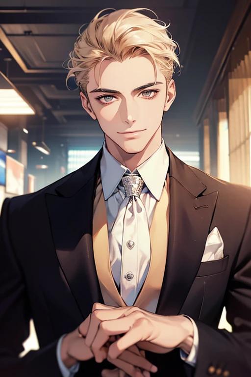 Masterpiece, best quality, finely details, red eyes, short blonde hair, smirk facial expression, white shirt, elegant, black suit.