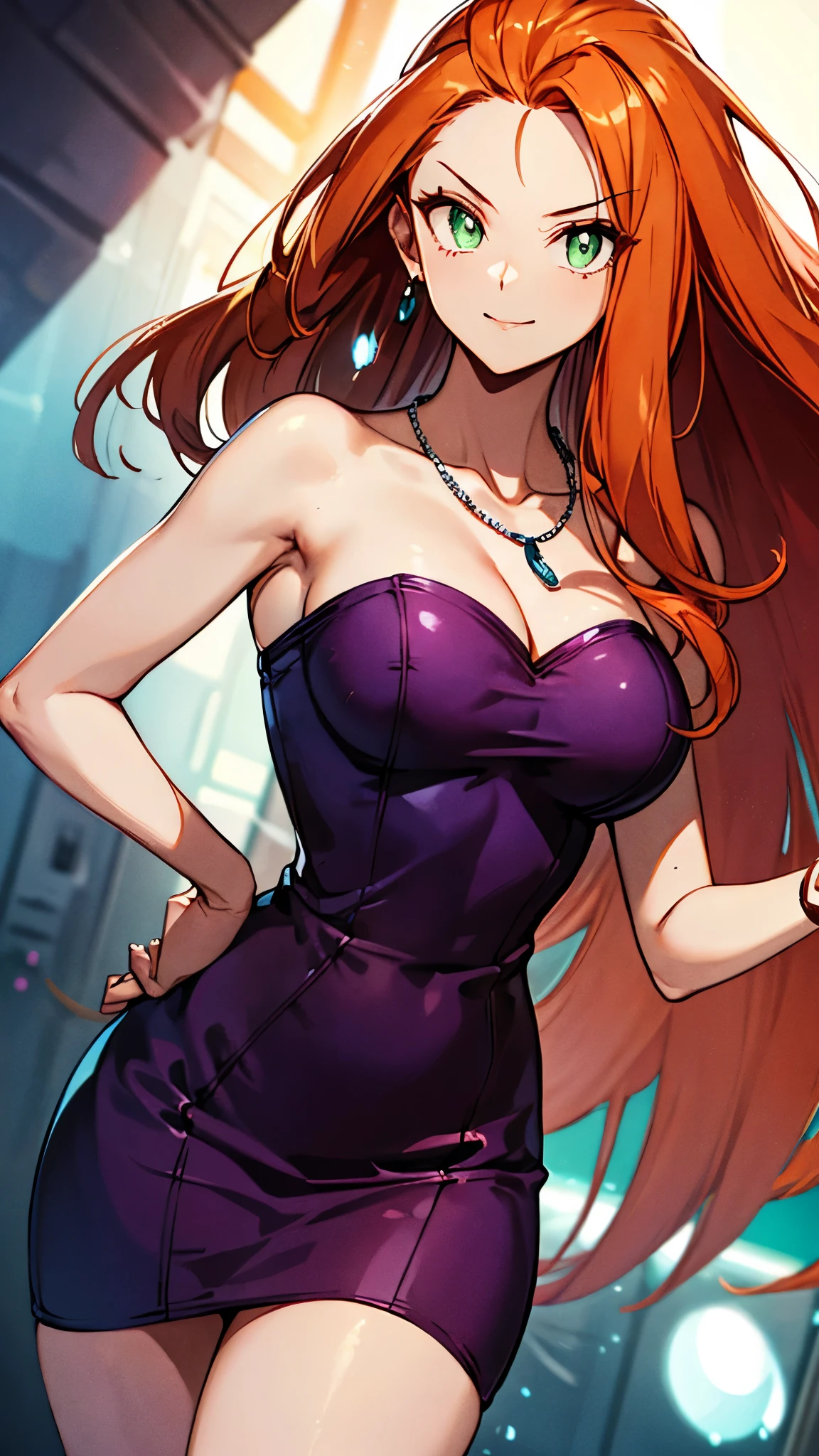 (Upper body),1girl,solo,mikm,smile,(orange hair,long hair,forehead),green eyes,large breast,cleavage,(purple body-conscious dress),bare neck,bare shoulders,mini skirt,thighs,necklace,curvy,(Hand on Hips,contrapposto),masterpiece,Noise Reduction,perfect anatomy,high resolution, ultra-detailed, ultra-detailed face,game cg,dutch angle ,beautiful detailed eyes,visualart,five fingers, perfect hands, perfect lighting, sparkling pupils,