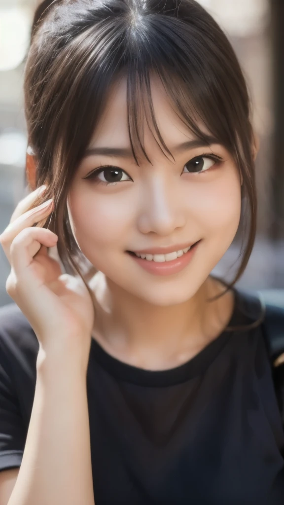 8k、Best Quality、(Representative works:1.2)、(Genuine)、(Genuine:1.37)、Ultra-high resolution、One female university student、Droopy eyes、Beautiful teeth alignment,smile、Well-formed fingers、ponytail、Around town、(Cute casual clothes)、Big Breasts、Perfect body、Perfect fingers、Beautiful Skin、Professional Writing、gravure、Detailed face and skin texture、Microparticles、RAW Photos