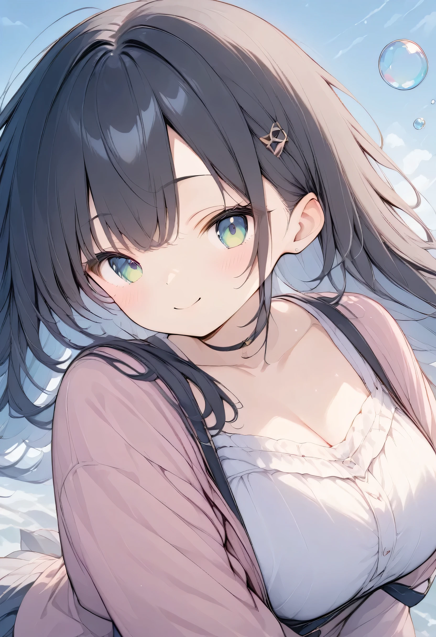 ((Best Quality、8k、masterpiece:1.3))、Anime Style、Human Girl、One person、1 person、((Petite、Glamorous Body、Curvy))、cute、Making bubbles with a straw、smile、((Long black hair blowing in the wind))、Beautiful emerald green eyes、((Pink long sleeve blouse))、Against the backdrop of blue sky、Mr.々Soap bubbles of a certain size fly out、Japanese Landscape、Turn to the side、Bust Shot、