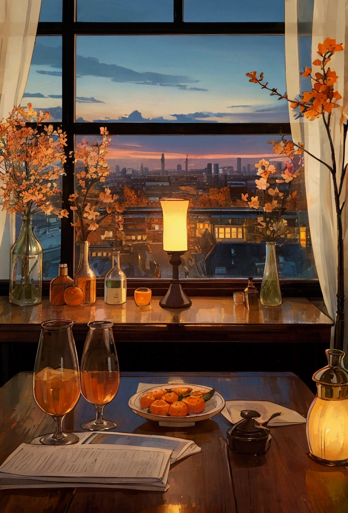 "A cozy evening scene inside a room with a wooden table near a large window overlooking a cityscape at dusk. The table is adorned with an open book, a small lamp casting warm light, a bouquet of autumn flowers in shades of orange and white, a cup, and a bottle. The window reveals tall city buildings with glowing lights, framed by bare tree branches. The atmosphere is warm and peaceful, with contrasting blue tones from the outside city and orange hues from the interior lighting."

--sref 1468149629