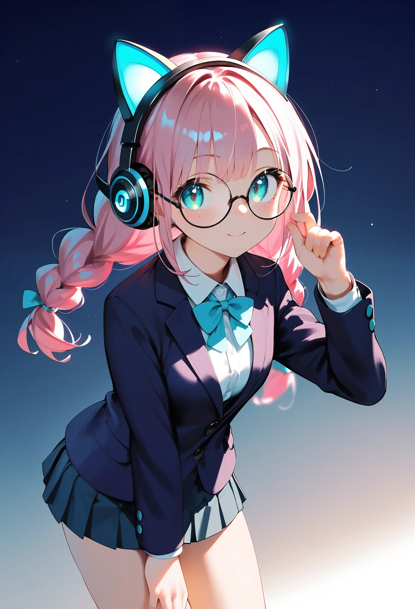 (best quality:1.2), (ultra-detailed:1.2), (2.5D:1.2), (Anime Moe Art Style), 1girl , pink hair, Cyan eyes, gradient eyes, twin braids, blue Glowing cat ear headphones, black round glasses, blazer, 振り向く, cowboy shot,
