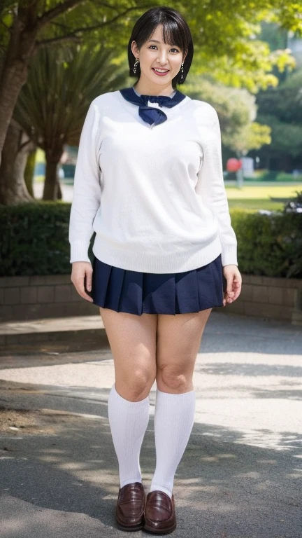 seifuku cosplay,Japanese Mature,secretary,45 years old,White skin,(curvy,Emphasizes plump thighs:1.2),(earrings, Short socks, Wearing loafers:1.3),(Standing in the park,Full body shot from head to toe,Full body view:1.2),looking at viewer,smile,full body,surrealism, depth of field, from below, Sony FE, 8k