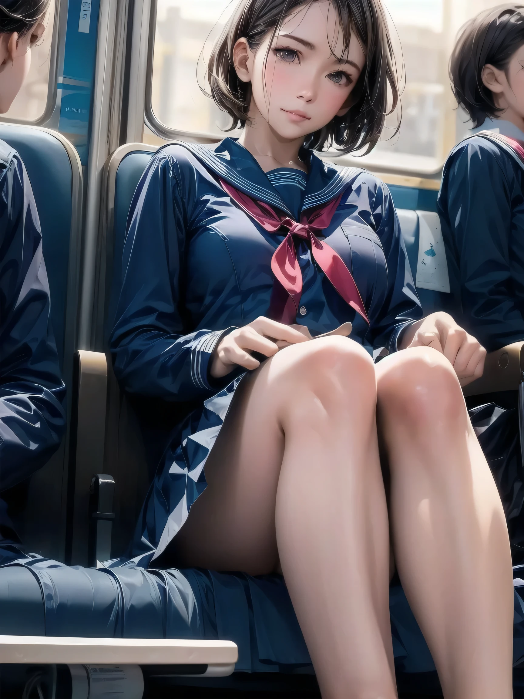 "(masterpiece, High resolution, Ultra High resolution, 4K) Brown Hair,Short Hair, Japanese Girls , Uniform skirt, Accentuate your thighs,  Soft thighs, Great thighs, Sitting on a train, Facing angle, (Angle from below),sitting on a train seat,sitting in front,Crotch Zoom Camera,Put your feet on the train,whole body,Looking down sleepily,Only watching the audience", Please redeem, White underwear is visible,超High resolution, (Realistic:1.4),, High resolution, detailed, RAW Photos, Shapuri, Nikon D850 film stock photo by Lee Jefferies 4 Kodak Portra 400 camera F1.6 lens rich colors hyper Realistic lively textures dramatic lighting unreal engine artstation trends cinestir 800,