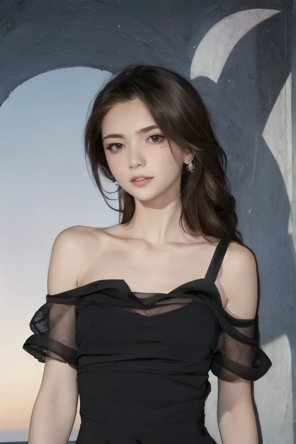 1girl, high quality, masterpiece, standing, looking at viewer, mole, black dress, see-through, lace trim ,upper body,ocean, small breasts, mole, parted lips, night, crescent, dim light, 