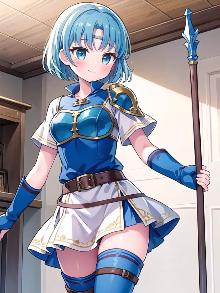 1girl, solo, masterpiece, best quality, perfect hands, blush, thea, cyan hair, short hair, blue dress, blue elbow gloves, belt, blue fingerless gloves, armor, blue thigh boots, short dress, side slit, blue breastplate, headband, smile, spear, parted bangs, white skirt, thigh boots, holding, holding spear, short sleeves, blue eyes, miniskirt, zettai ryouiki, closed mouth, pleated skirt, thighhighs, shoulder armor, circlet, pauldrons