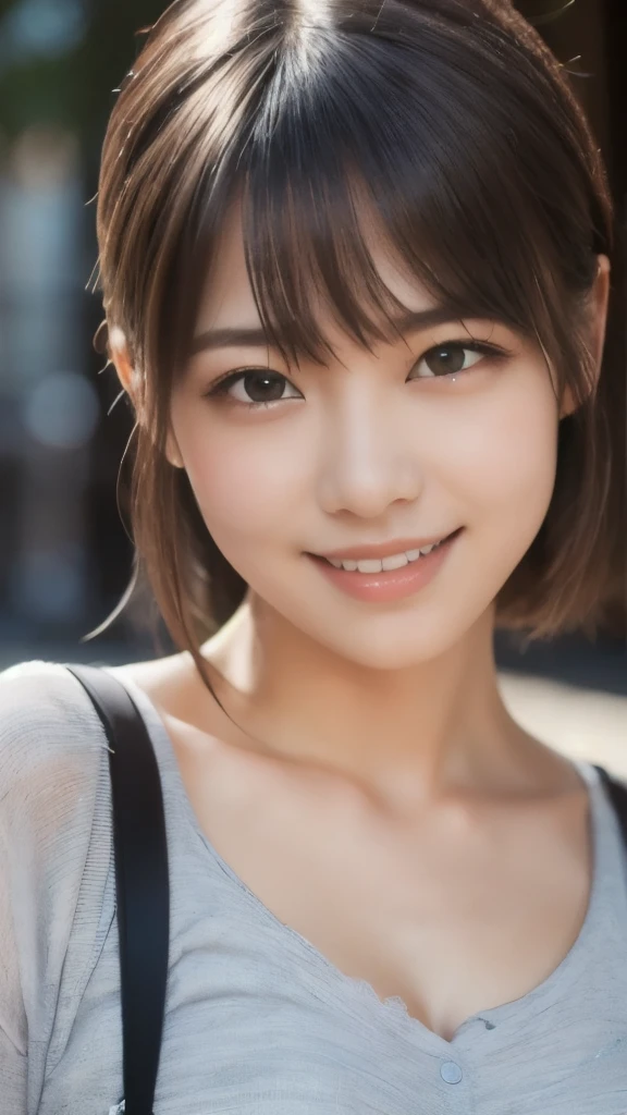 8k、Best Quality、(Representative works:1.2)、(Genuine)、(Genuine:1.37)、Ultra-high resolution、One female university student、Droopy eyes、Beautiful teeth alignment,smile、Well-formed fingers、ponytail、Around town、(Cute casual clothes)、Big Breasts、Perfect body、Perfect fingers、Beautiful Skin、Professional Writing、gravure、Detailed face and skin texture、Microparticles、RAW Photos