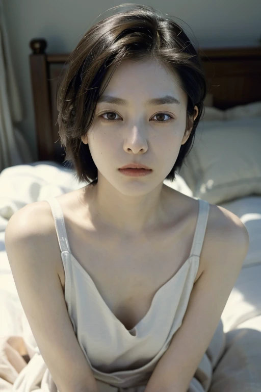 One Girl, Alone, Androgynous, boyish、Droopy eyes、Fatigue、Sleepy face、Beauty、middle aged, Japanese women, short Hair, food, Accurate, Anatomically correct, Big Breasts, naked, Lying in bed