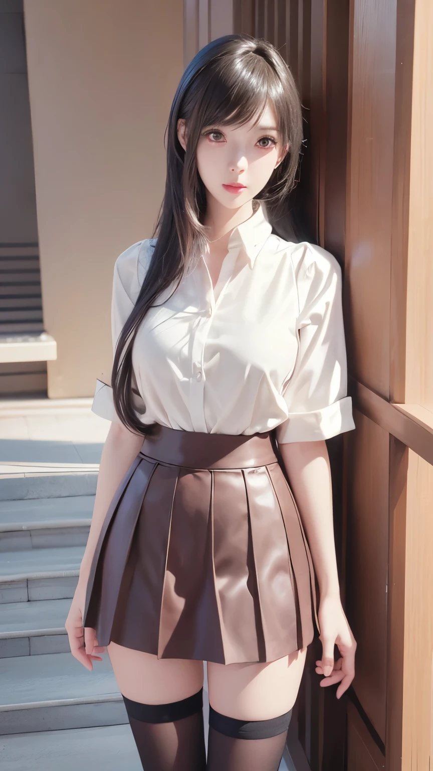 anime - style image of a woman in a short skirt and shirt, seductive anime girls, Smooth anime CG art, Surrealism female students, Surrealism female students, thighhighs and skirt, photorealistic anime girl rendering, beautiful and seductive anime woman, Realistic schoolgirl, Realistic anime 3 D style, 3 d anime realistic, Beautiful Anime High School Girls