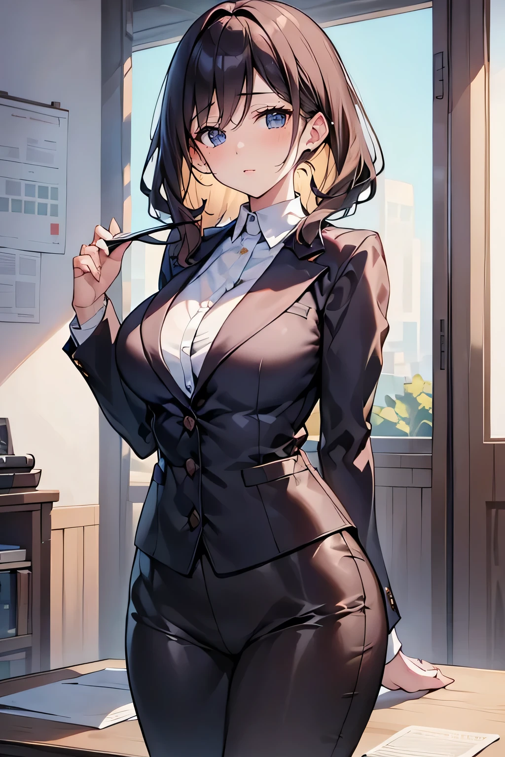 {{masterpiece, Please redeem, High-definition CG, unity 8k wallpaper, Cinema Lighting}}, Workroom, A woman yawning loudly. Wearing a suit,