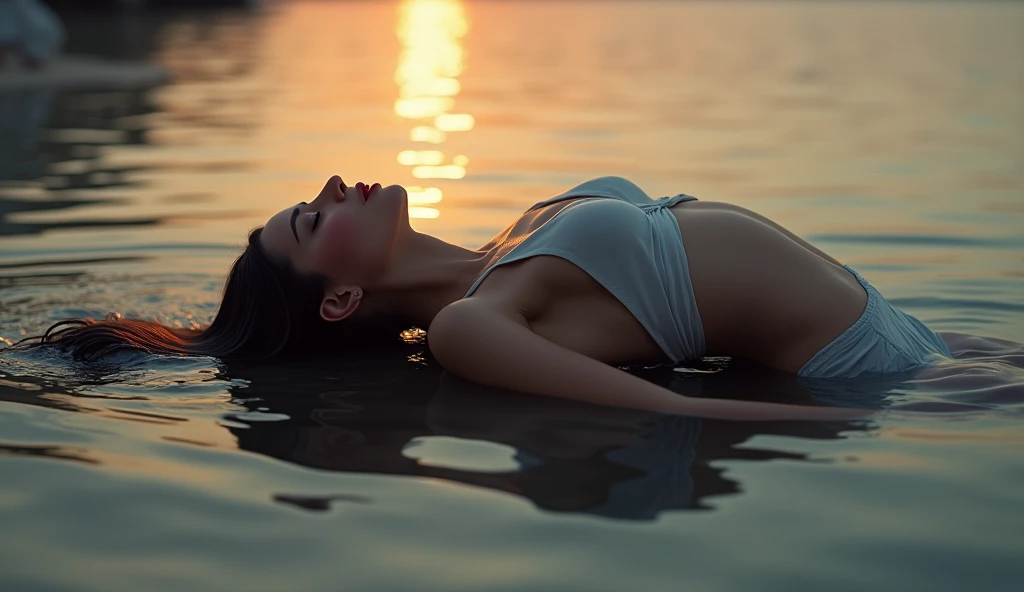 masterpiece), (very complicated:1.3), (realistic), Malay girl portrait, lying on her back floating on the surface of the water, (dynamic perspective), the most beautiful in the world, (swimming nude), sateen reflection, outdoor, intense sunlight, distant factory group, Stunning female professional photo details, sharp focus, dramatic, Award history, cinematic lighting, Octane Rendering Unreal Engine, volumetrics dtx, (film grain, blurred background, blurred foreground, Bokeh, Depth of the bounds written, sunset, motion blur:1.3), nude, naked, nsfw