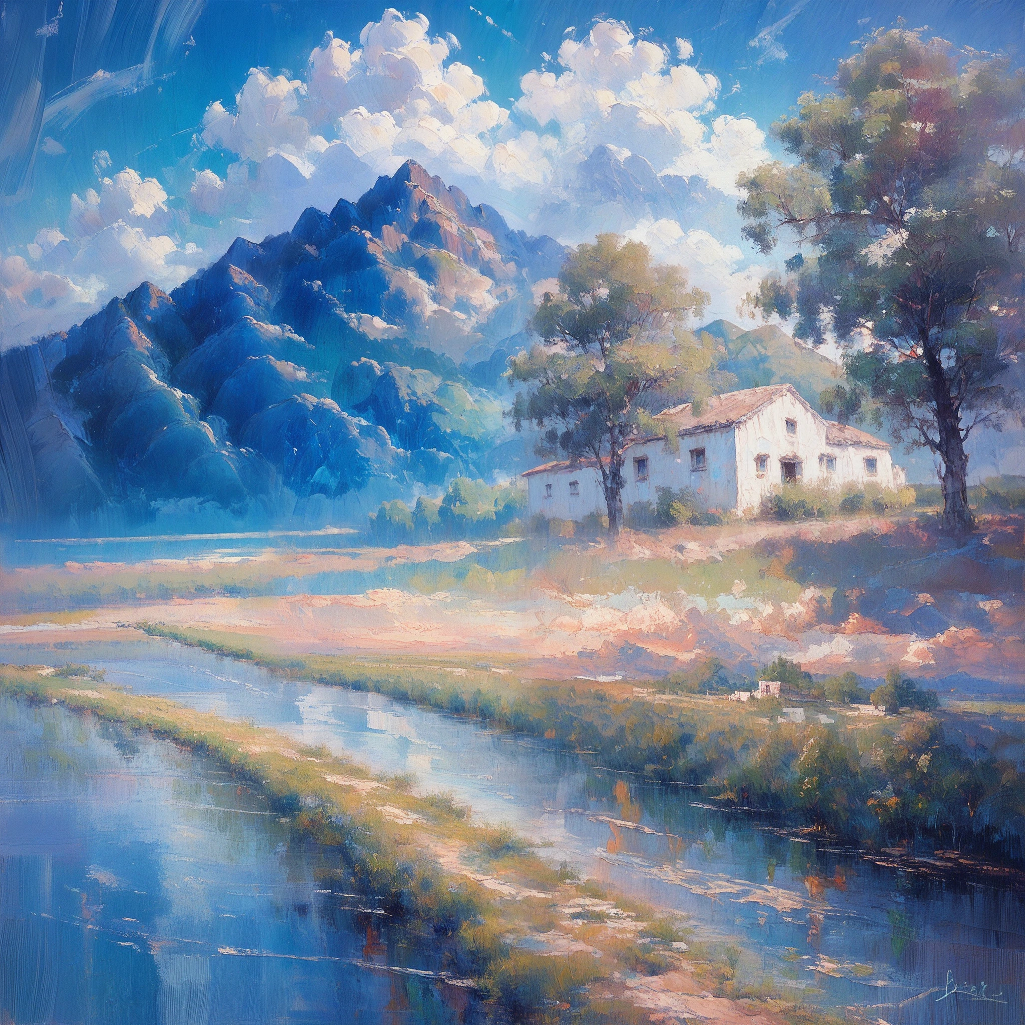 Oil pastel painting、Landscape painting、Green hills and blue sky、Impressive tree between the ridges of hills and sky