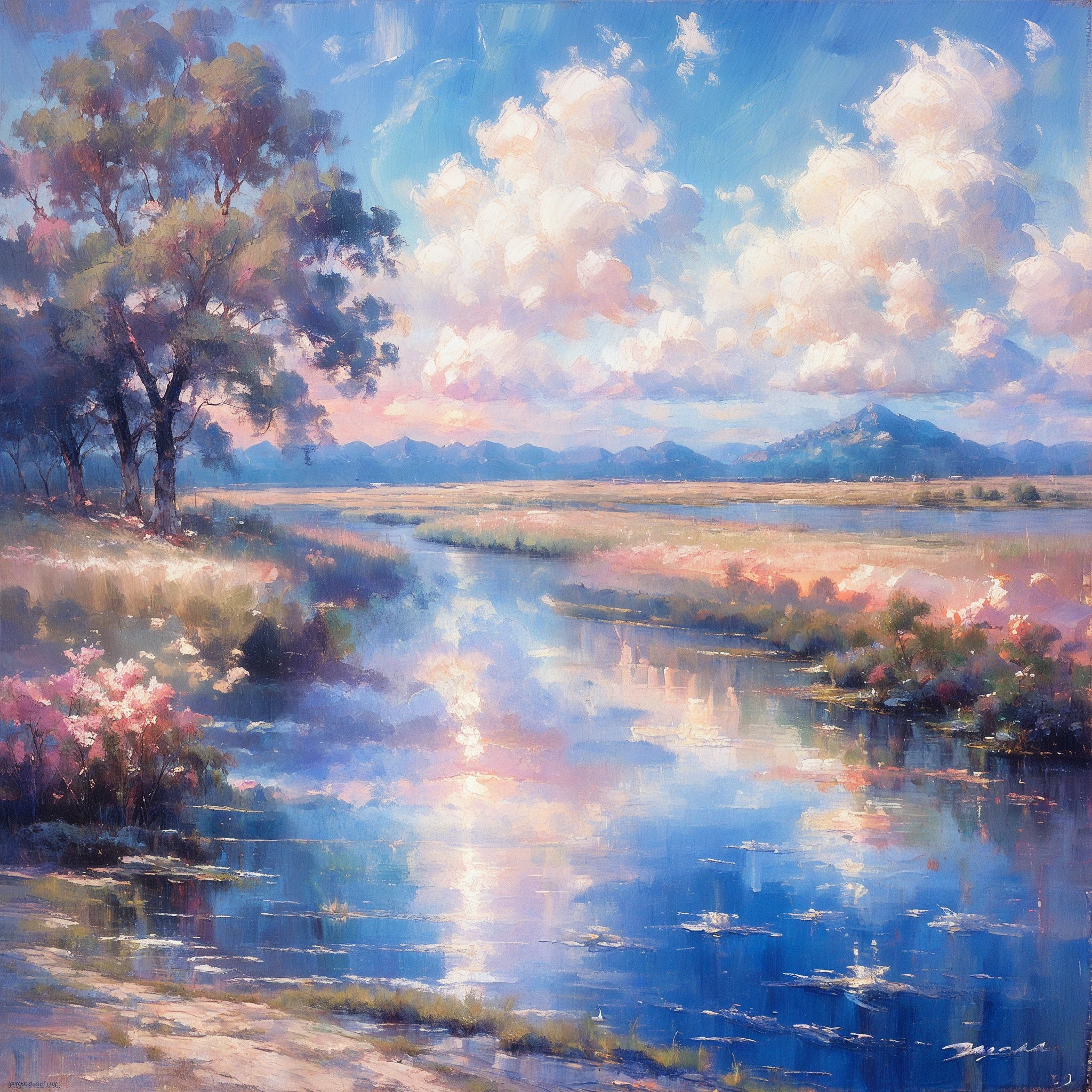 Oil pastel painting、Pointillism、Landscape painting、Lake at Sunset