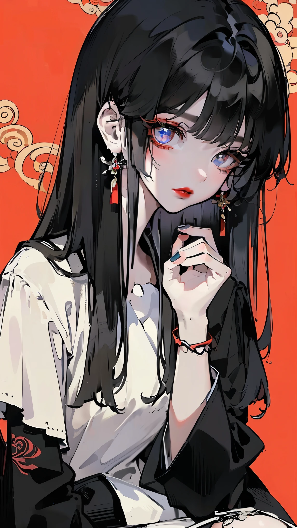 masterpiece, 1 beautiful girl, Detailed eye, Swollen eyes, top-quality, A high resolution, an asian beauty, very extremely beautiful, Beautiful skins, A slender, Forward-facing body, (high resolution), (4K), (highly detailed),( Best Illustration), (beautifully detailed eyes), (ultra-detailed), Detailed face, Bright lighting, Professional Lighting, ((Red Chinese Dress)),((long hair),((black hair)),1girl,((1 female model)), full body shot, (golden accessories), (sitting pose), (2D), (slender), long straight hair with full bang, Tradition Chinese wedding dress.
