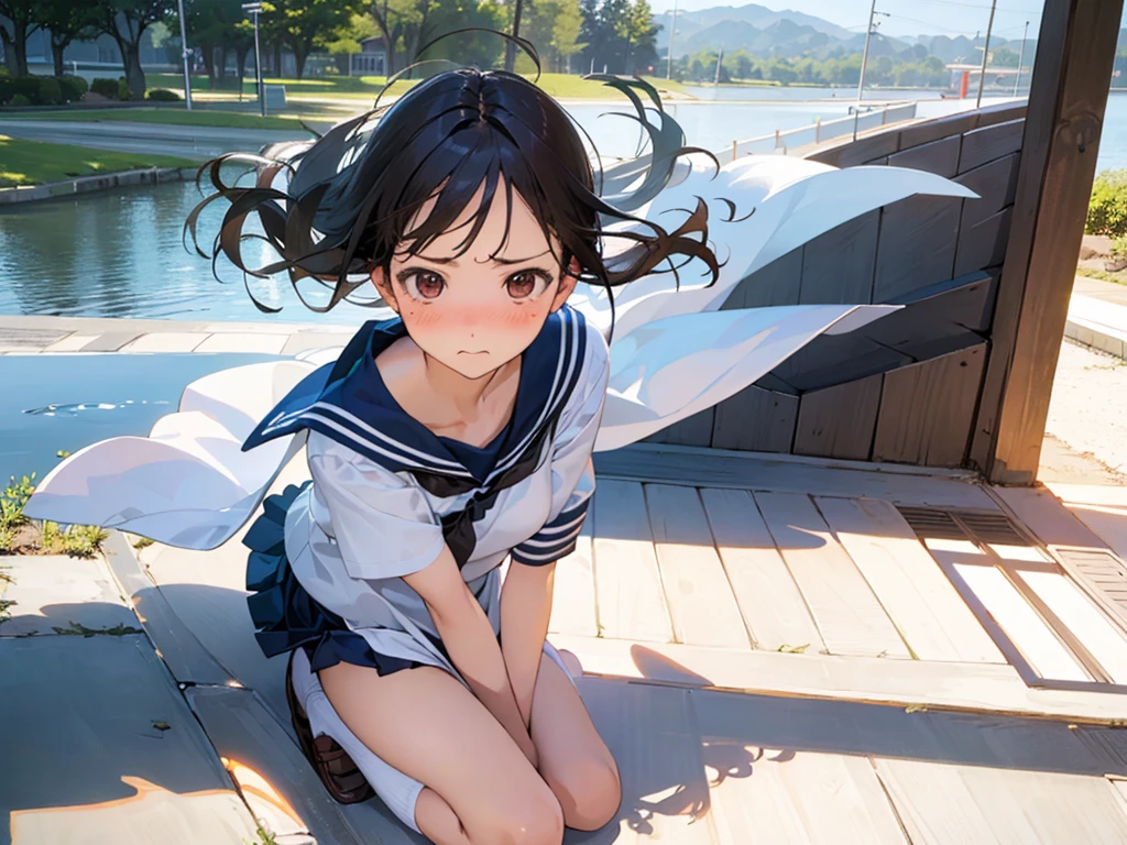 (half closed eyes:1.1), (sexual expression:1.2), Fascinated expression, smile, (blush:1.2), (cabello despeinado), (illustration), retrato, (fondo de ciudad futurista), (arms behind back), Cintura delgada, gran sonrisa, ojos detallados, abdominales fuertes, chica delgada, muscle girl, front pose, big thighs, focus on face, flat nude chested, large city background, blue hair, sailor uniform, skirt, sit on rock, twin tails