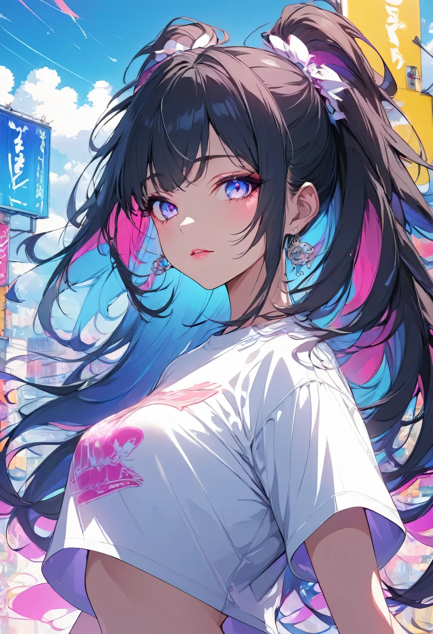 cosmetics advertising posters art, cool beauty, perfect proportions, wearing white half-top T-shirt, background dawntown,best quality,((masterpiece, best quality, ultra-detailed, very fine 8KCG wallpapers)), japan animestyle,anime,japanese,1girl, Alone,streetdance,hiphop,background dancehall,youth, Mr.々Expression,Bright light,Model,perfect hands, --with 3:4 -- in 6.1