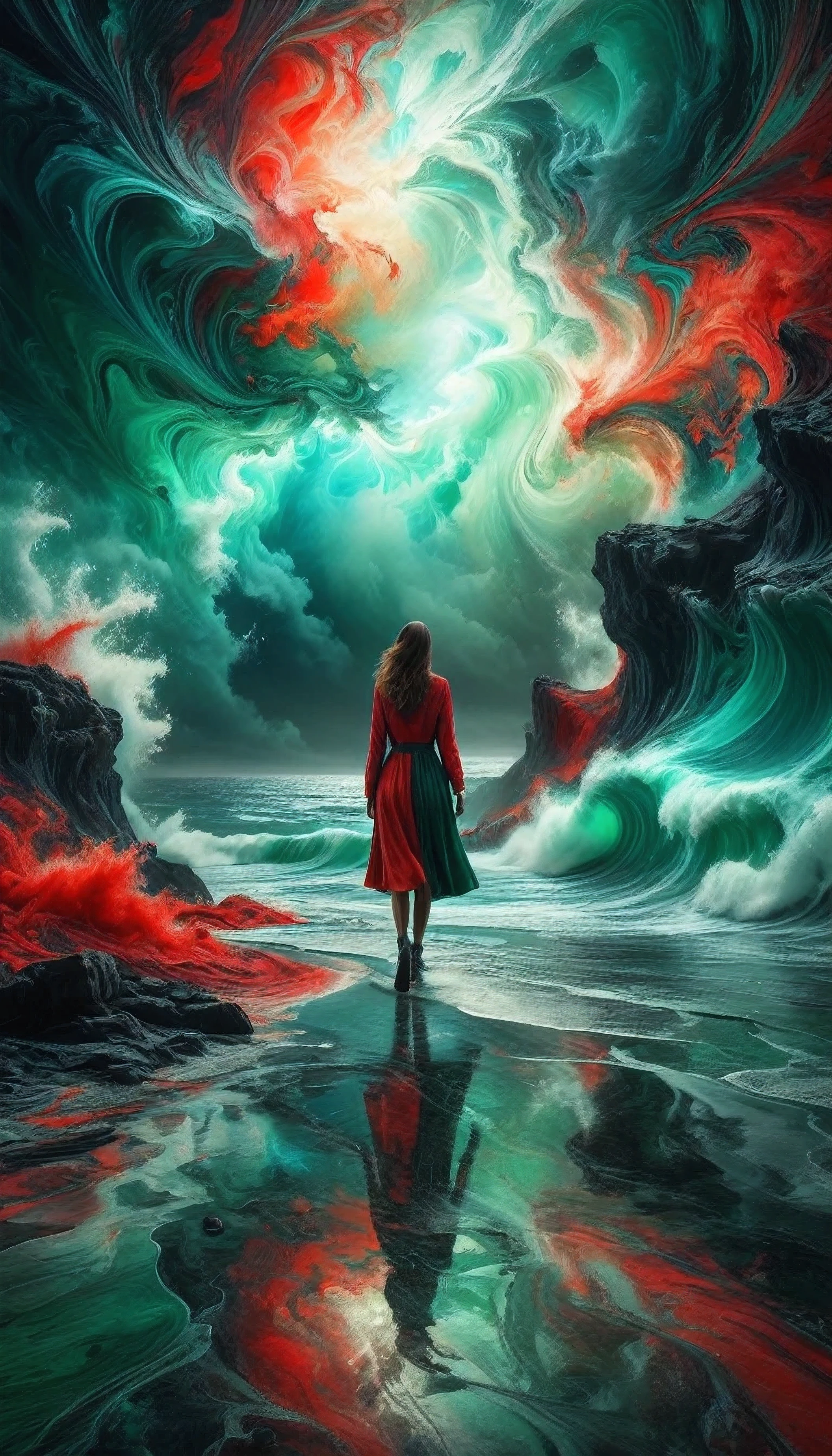 Detailed complex chaotic seascape green,red and pblack light inside a transparent marble floor ward reach horizon, woman walking to beyond from behind, where fumes of complementary colors blend, UV-reactive, white light, Stylized florescent art, Intricate, Complex contrast, HDR,OverallDetail,earth,stormy landscape on a dark place,