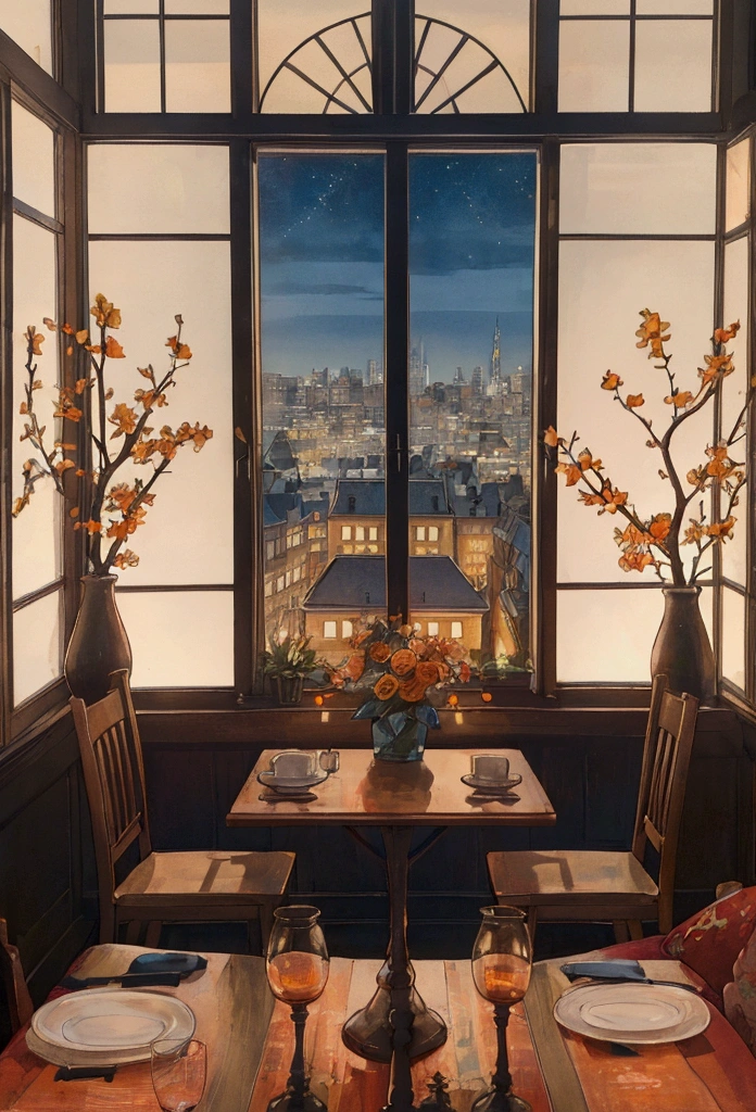 "A cozy evening scene inside a room with a wooden table near a large window overlooking a cityscape at dusk. The table is adorned with an open book, a small lamp casting warm light, a bouquet of autumn flowers in shades of orange and white, a cup, and a bottle. The window reveals tall city buildings with glowing lights, framed by bare tree branches. The atmosphere is warm and peaceful, with contrasting blue tones from the outside city and orange hues from the interior lighting."

--sref 1949247929