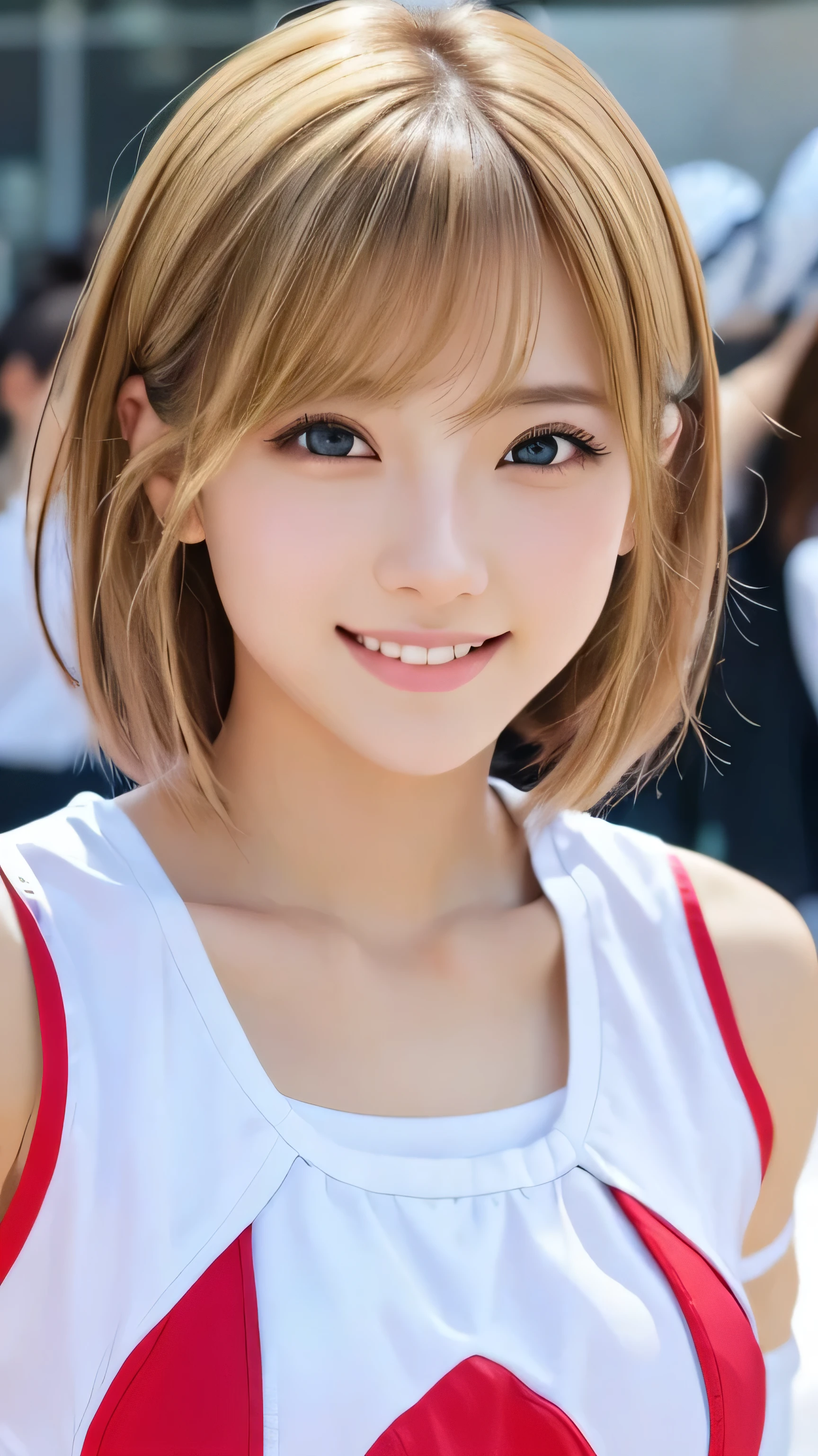 Realistic、Masseter muscle area、Please redeem、High resolution、RAW Photos、Realistic、Bright lighting、Face Light、Smooth Professional Lighting、Japanese women、Beautiful woman、Modeling、gravure、sexy、so beautiful、Realisticで美しい肌、Beautiful and detailed、Detailed face、slim、Large Breasts、Clevis、short hair、Blonde Hair、Brown eyes、Looking at the camera、Cheerleader、Cheerleader、Cheerleader、smile