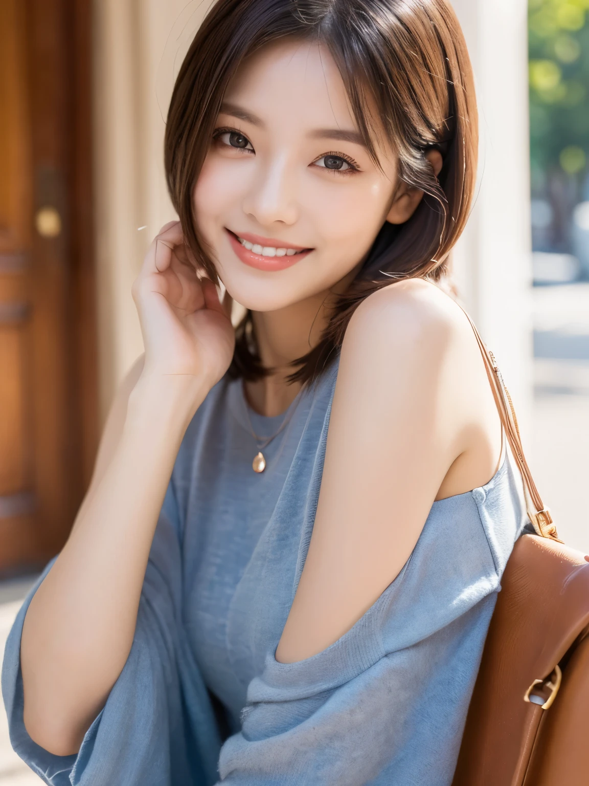 high quality:1.2), RAW Photos, High resolution, Very detailed, Intricate details, 、ear piercing、、Closed mouth smile、、short hair、Black Hair、、Clear beauty,Long sleeve blouse、Necklace around the neck、, The background is the entrance to the building
