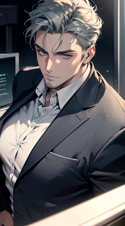 Best quality, masterpiece, ultra high res, detailed background, solo, male, looking down, looking at viewer, depth of field, cold expression, black hair, blue eyes, no facial hair, sitting, bulge, with a black suit and tie, in an office