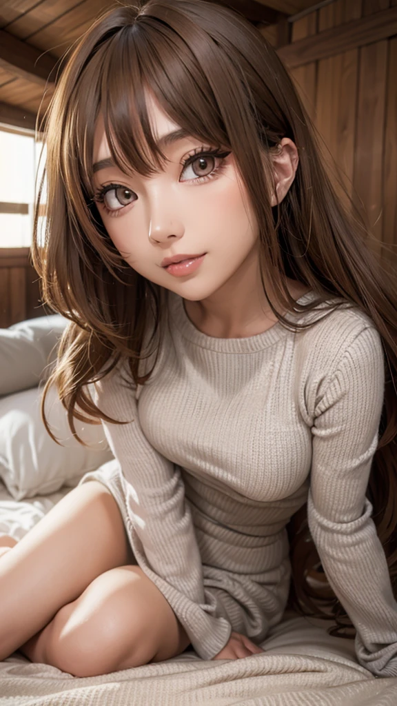 (Smaller chest)、(Wearing a large sweater)、(middlebreasts、tomgirl、the head is small))、sunlights、(the perfect body : 1.1)、(Short straight hair : 1.2)、（reddish brown hair）、((With smiling eyes)) (((great laughter))、Sit on the bed、　(Highly detailed CG 8K wallpaper)、(extremely delicate and beautiful)、(​masterpiece)、(top-quality:1.0)、(超A high resolution:1.0)、beautiful  lighting、perfect lightning bolt、realistic shadow、[hight resolution]、Detailed skin、ultra-detailliert