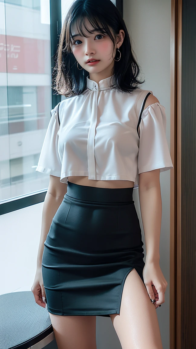 Realistic, 1 beautiful Asian woman White short-sleeved satin shirt, fitted and open-chested. Wearing a short black silk skirt, standing full body.