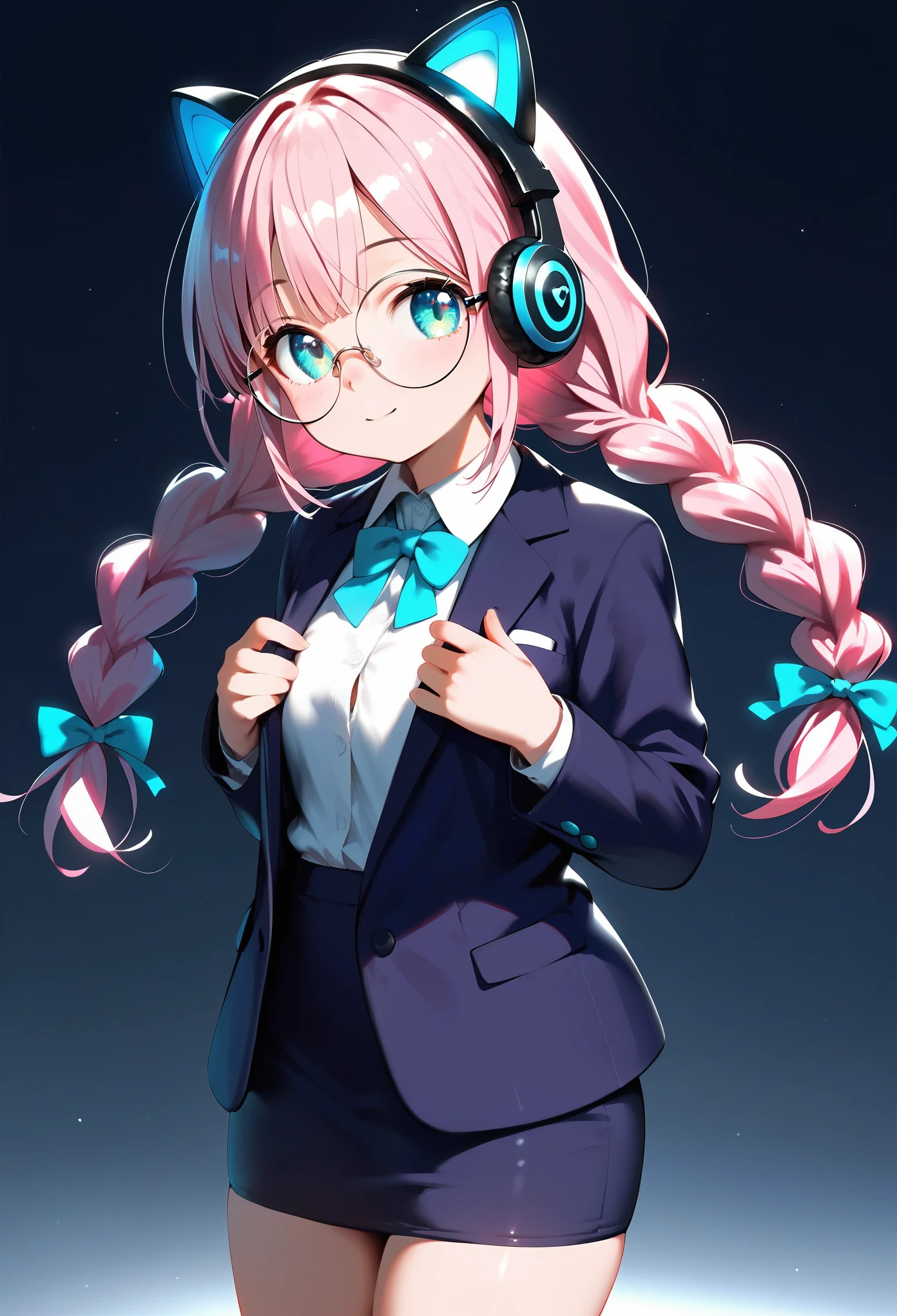 (best quality:1.2), (ultra-detailed:1.2), (2.5D:1.2), (Anime Moe Art Style), 1girl , pink hair, Cyan eyes, gradient eyes, twin braids, blue Glowing cat ear headphones, black round glasses, blazer, 振り向く, cowboy shot,