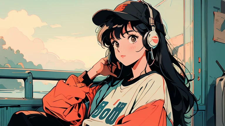 Dressed in casual streetwear、Illustration of a girl relaxing with headphones on