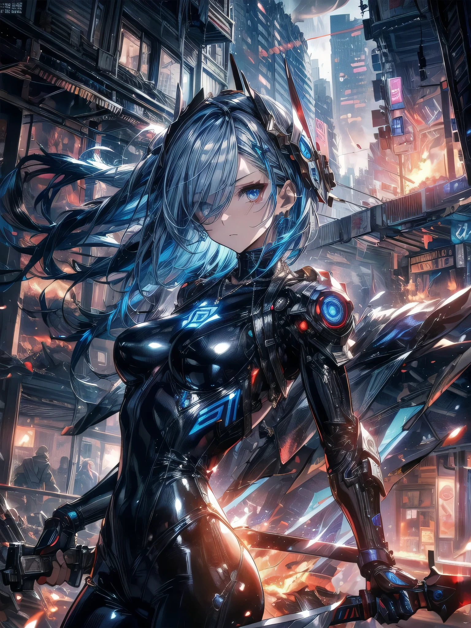 NSFM1.9. Showing Off Her 、NSFM1.9 Showing Off、
One Girl、
Highest quality、masterpiece、Arc Records characters、Ariel、Wearing black pants、I can see her thighs、The belly button is visible、Wearing a black leather jacket、One Girl、Blue Hair、long hair、Holding a gun in his right hand、Looking Back、Left facing、