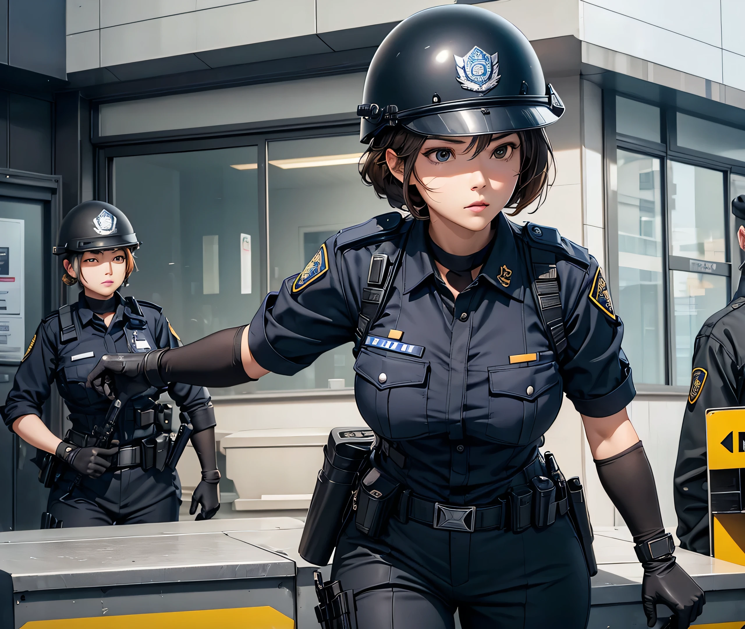 Close up of a smile with the corners of the mouth raised、police officers、Police officer costume、Cosplay、(realisitic、hight resolution)、(1 girl in)、police officers、Do-Up Eye、Korean Girl、(Best Quality), (masutepiece), (1girl in), Solo, a beauty girl, Perfect face, Big Breast,dreamlikeart、Highly detailed airbrush art((Surreal))、Volumetric lighting、(top-quality)、The ultra-detailliert、(The composition of the movement:1.4)、Highly detailed colorful details、(Bright lighting)、dynamic compositions、Ray traching、The mirror reflects light、Shallow depth of field、ultra-detailliert、mixing exposure、nffsw、Her eyes are shining、Her police officer's face is、Full of expectations and courage for police officers.、A smile appears on the lips of a police officer。