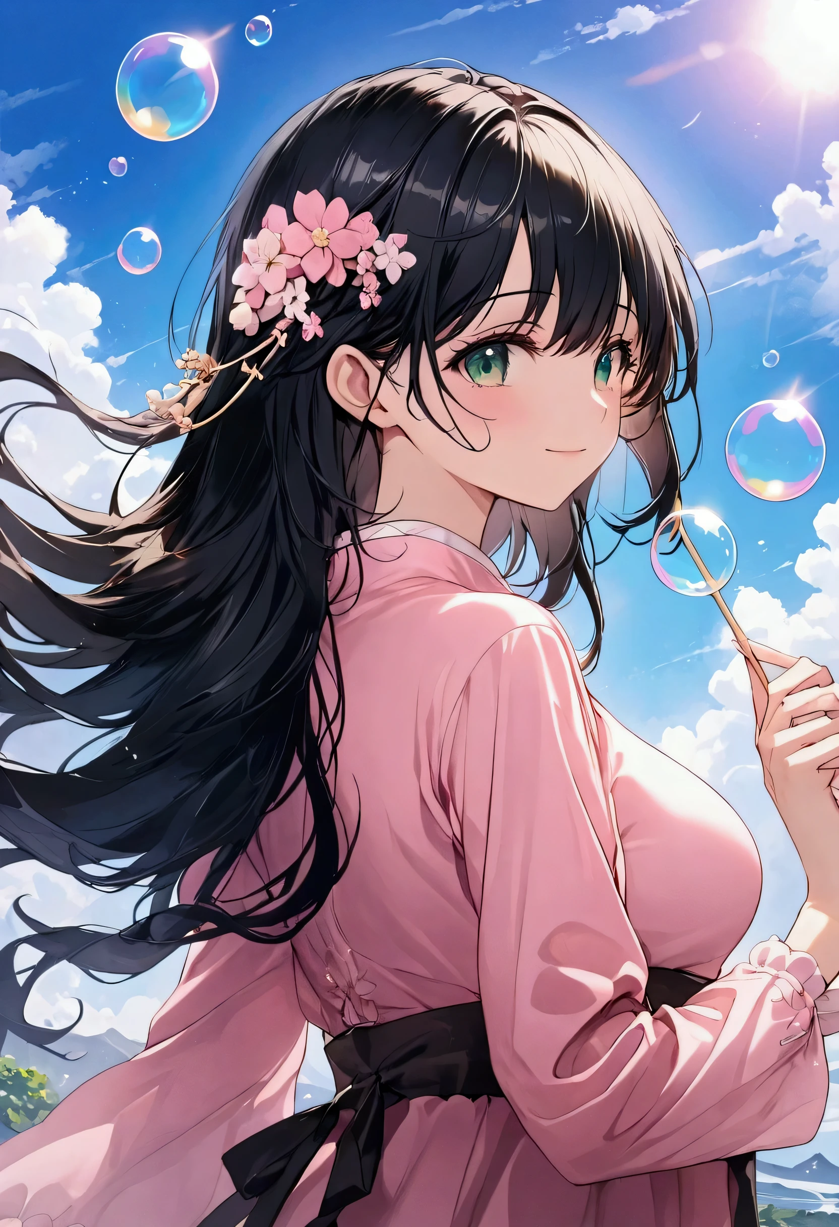 ((Best Quality、8k、masterpiece:1.3))、Anime Style、Human Girl、One person、1 person、((Petite、Glamorous Body、Curvy))、cute、Making bubbles with a straw、smile、((Long black hair blowing in the wind))、Beautiful emerald green eyes、((Pink long sleeve blouse))、Against the backdrop of blue sky、Mr.々Soap bubbles of a certain size fly out、Japanese Landscape、Turn to the side、Bust Shot、