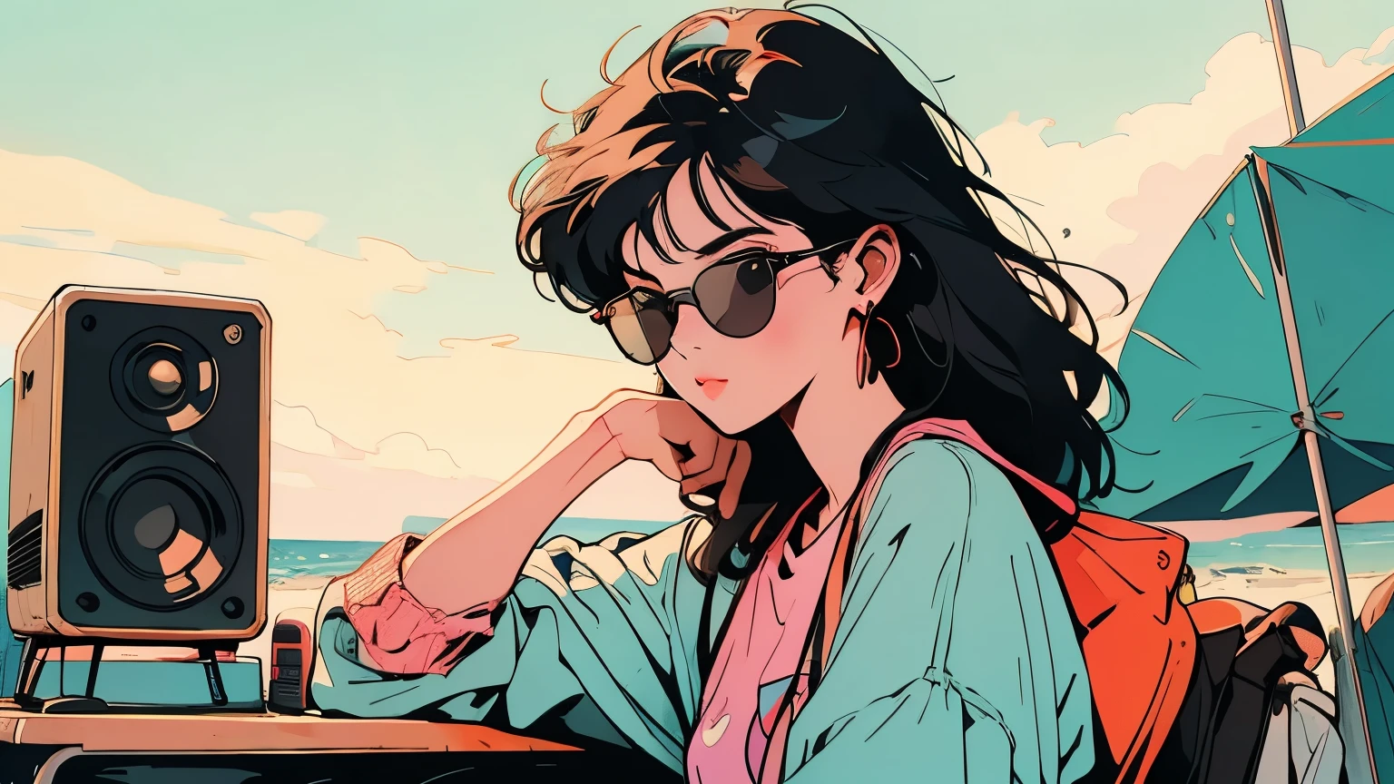 Wearing sunglasses on the beach、Illustration of a girl enjoying the music coming from a portable speaker