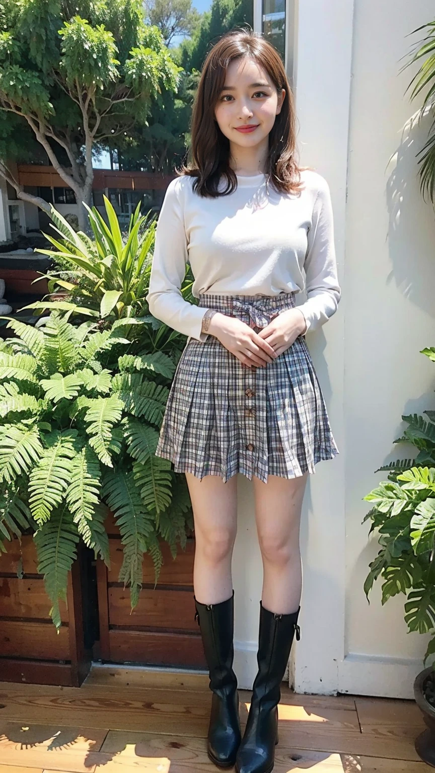 (8k、RAW Photos、Best Quality、masterpiece:1.2)、(Realistic、Realistic)、1 person、((Medium Hair、knit、Breast enlargement、Checked skirt、Thin legs、boots、View from the front、Looking into the camera、garden、Stand with hands on hips))、cute