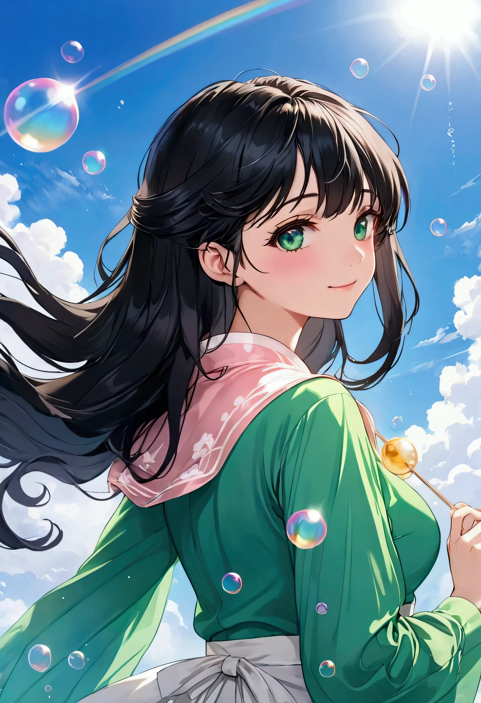 ((Best Quality、8k、masterpiece:1.3))、Anime Style、Human Girl、One person、1 person、((Petite、Glamorous Body、Curvy))、cute、Making bubbles with a straw、smile、((Long black hair blowing in the wind))、Beautiful emerald green eyes、((Pink long sleeve blouse))、Against the backdrop of blue sky、Mr.々Soap bubbles of a certain size fly out、Japanese Landscape、Turn to the side、Bust Shot、