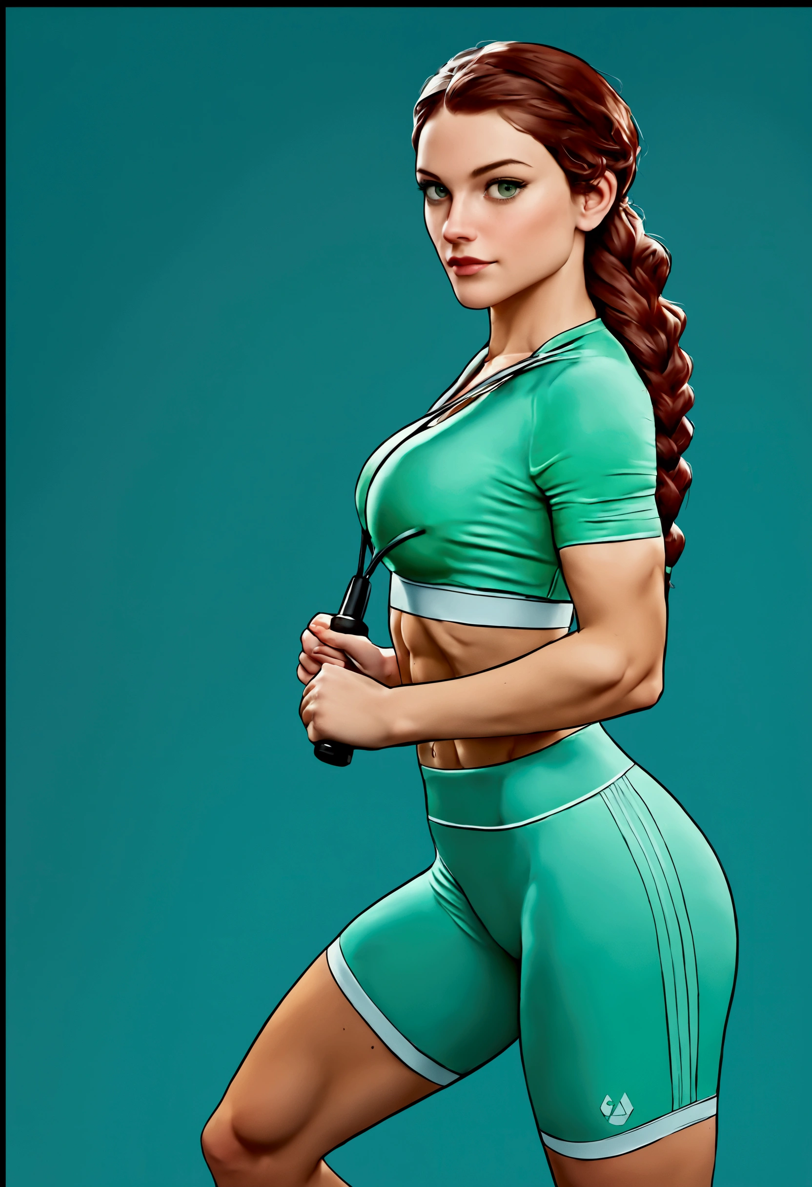 a woman in a green sports outfit holding a jump rope, two piece workout clothes, energetic varia suit, sports clothing, sport bra and shorts, cottagecore!! fitness body, fit pic, product shoot, portrait sophie mudd,, fit girl