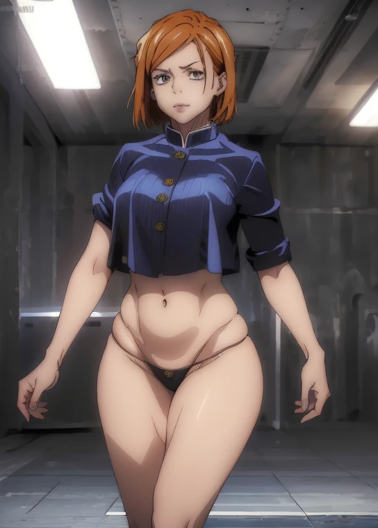 (masterpiece), (best quality), (ultra-detailed), (best illustration), (best shadow), (absurdres), nobarakugisakinova, short hair, orange hair, ((brown eyes)), kugisaki nobara, 1girl, solo, bangs, looking at viewer, upper body, perfect body, ((perfect breasts)), Hourglass body, thin waist, very thin waist, large breasts, sexy, (skinny), bare shoulders, bare collarbone, smile, (bare neck), naked. no clothes.  nsfw.  full body 