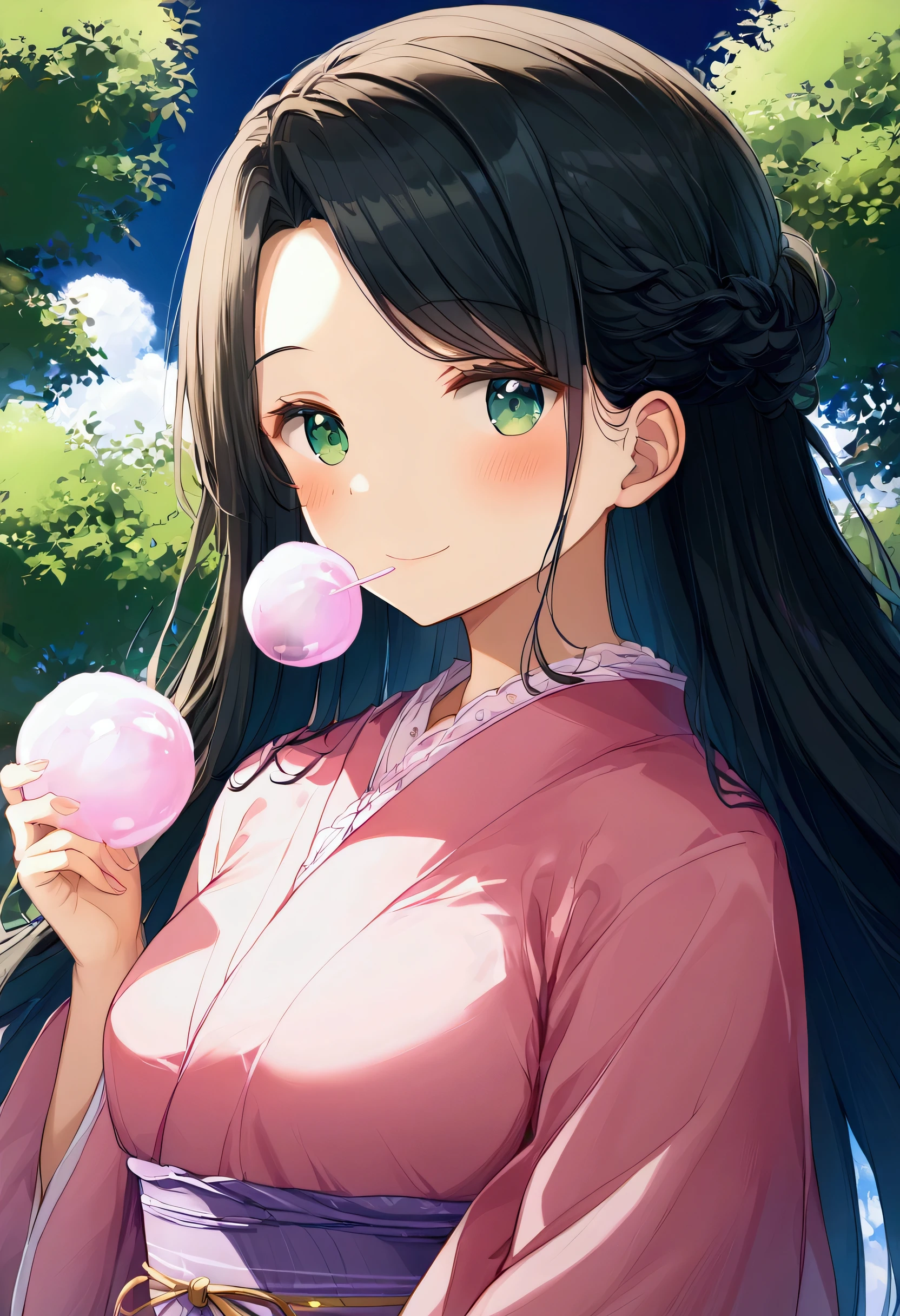 ((Best Quality、8k、masterpiece:1.3))、Anime Style、Human Girl、One person、1 person、((Petite、Glamorous Body、Curvy))、cute、Making bubbles with a straw、smile、((Long black hair blowing in the wind))、Beautiful emerald green eyes、((Pink long sleeve blouse))、Against the backdrop of blue sky、Mr.々Soap bubbles of a certain size fly out、Japanese Landscape、Turn to the side、Bust Shot、