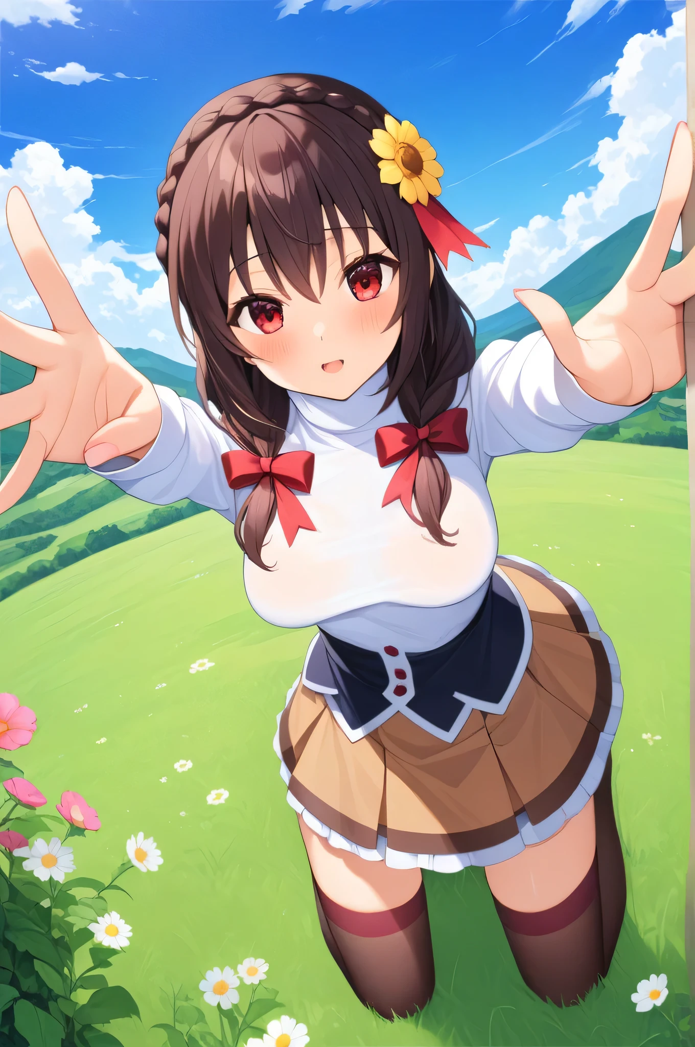 masterpiece,Best Quality, High resolution,One person, Yunyun、My name is Yunyun, Crown braids in the same color as your hair, Red eyes、Hair Accessories, Hair Ribbon, (White turtleneck)、(Brown Skirt), The chest is large、Knee socks、(Kiss the viewer)、(blush:1.4)、Close your eyes、The background is a cosmos flower field、blue sky、♥、heart、View from above