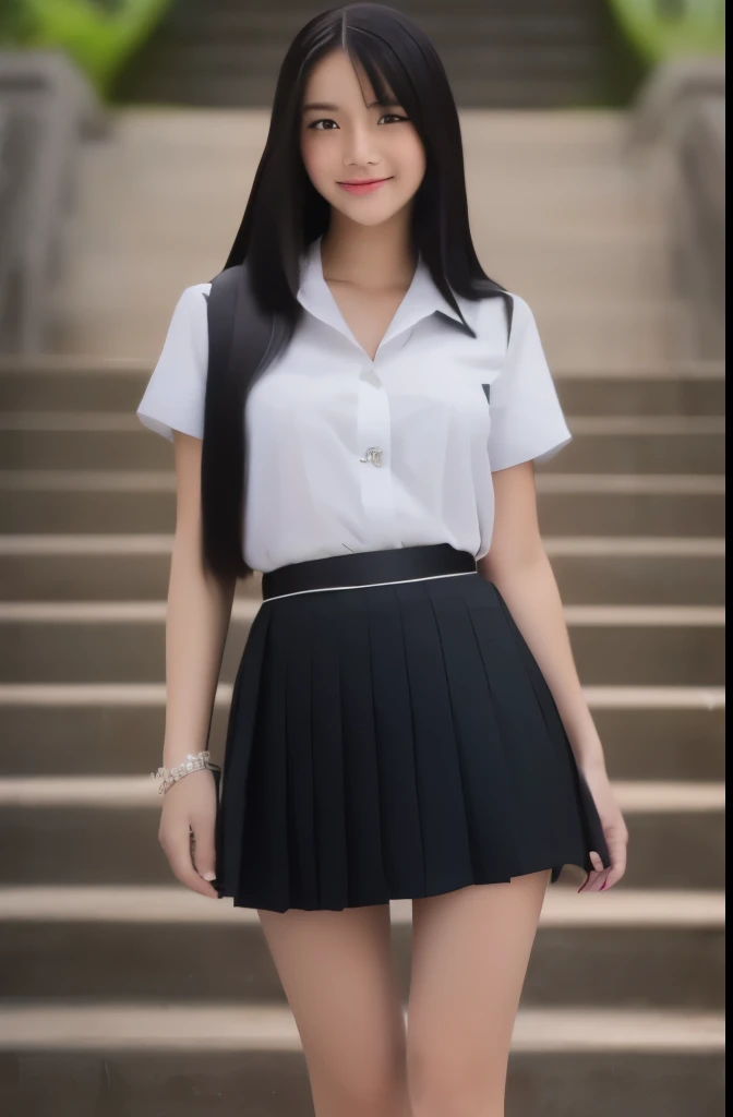 ((masterpiece)),(detailed),(perfect face),(thin),((sexy long legs)),((beautiful legs)),(slim),((boob flash)),(( slip)),(horny smile),((very sexy emotional face)),((very long straight hair)),(looking at viewer),(black hair),((trained body)),((smiling)),(top-quality),(Photo realsitic:1.4),Raw photo,((two -old gir,(((black straight hair)),(((Take different poses))),glowy skin,(Happiness:1.2),(she wearing Thai university uniform black pleated mini skirt:1.5),((portrait)),(close up shot), ((Thai university uniform black pleated mini skirt:1.5)), ((White Thai university-uniform shirt:1.5)), ((in front of Thai university stairs:1.5)), Thai script in background, ((brown belt)), ((detailed cute face:1.5)), ((14-yo Thaiisit girl:1.5)), ((long beautiful legs:1.5)), nsfw, beautiful thigh