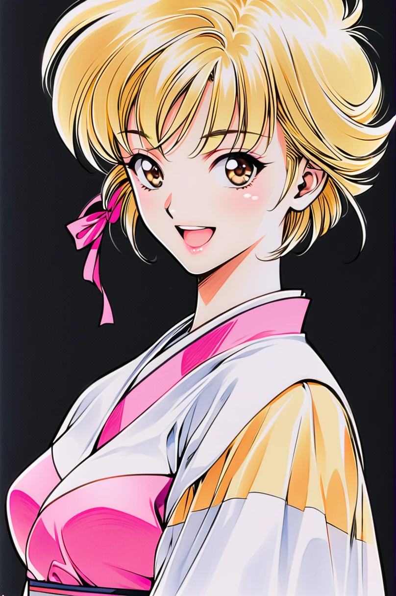 Masakazu Katsura Style,
Amano Ai,One girl,Alone,short hair,Blonde,smile,Open your mouth,Brown eyes,Yellow short kimono, white pantyhose, white capelet, pink obi, pink ribbon,Simple Background,Upper Body,Black background,Traditional Media,