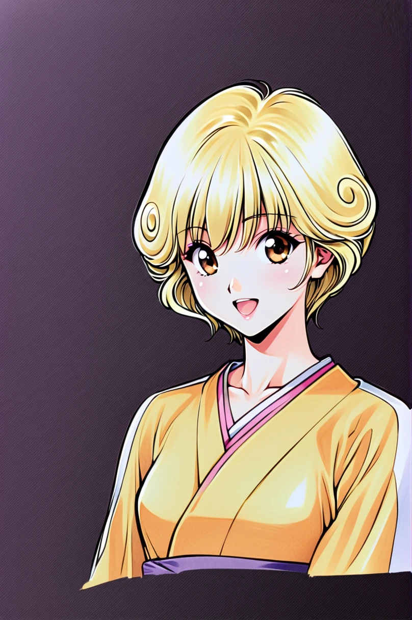 Masakazu Katsura Style,
Amano Ai,One girl,Alone,short hair,Blonde,smile,Open your mouth,Brown eyes,Yellow short kimono, white pantyhose, white capelet, pink obi, pink ribbon,Simple Background,Upper Body,Black background,Traditional Media,