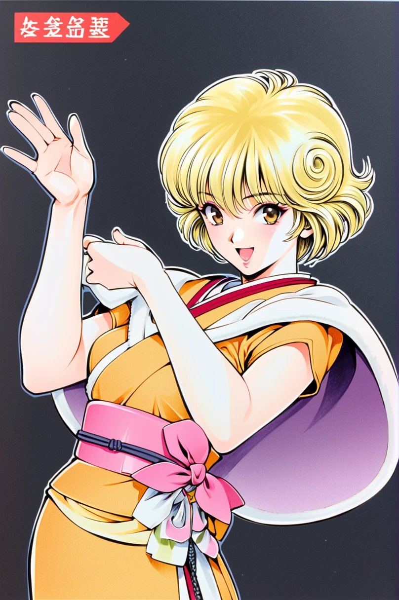 Masakazu Katsura Style,
Amano Ai,One girl,Alone,short hair,Blonde,smile,Open your mouth,Brown eyes,Yellow short kimono, white pantyhose, white capelet, pink obi, pink ribbon,Simple Background,Upper Body,Black background,Traditional Media,