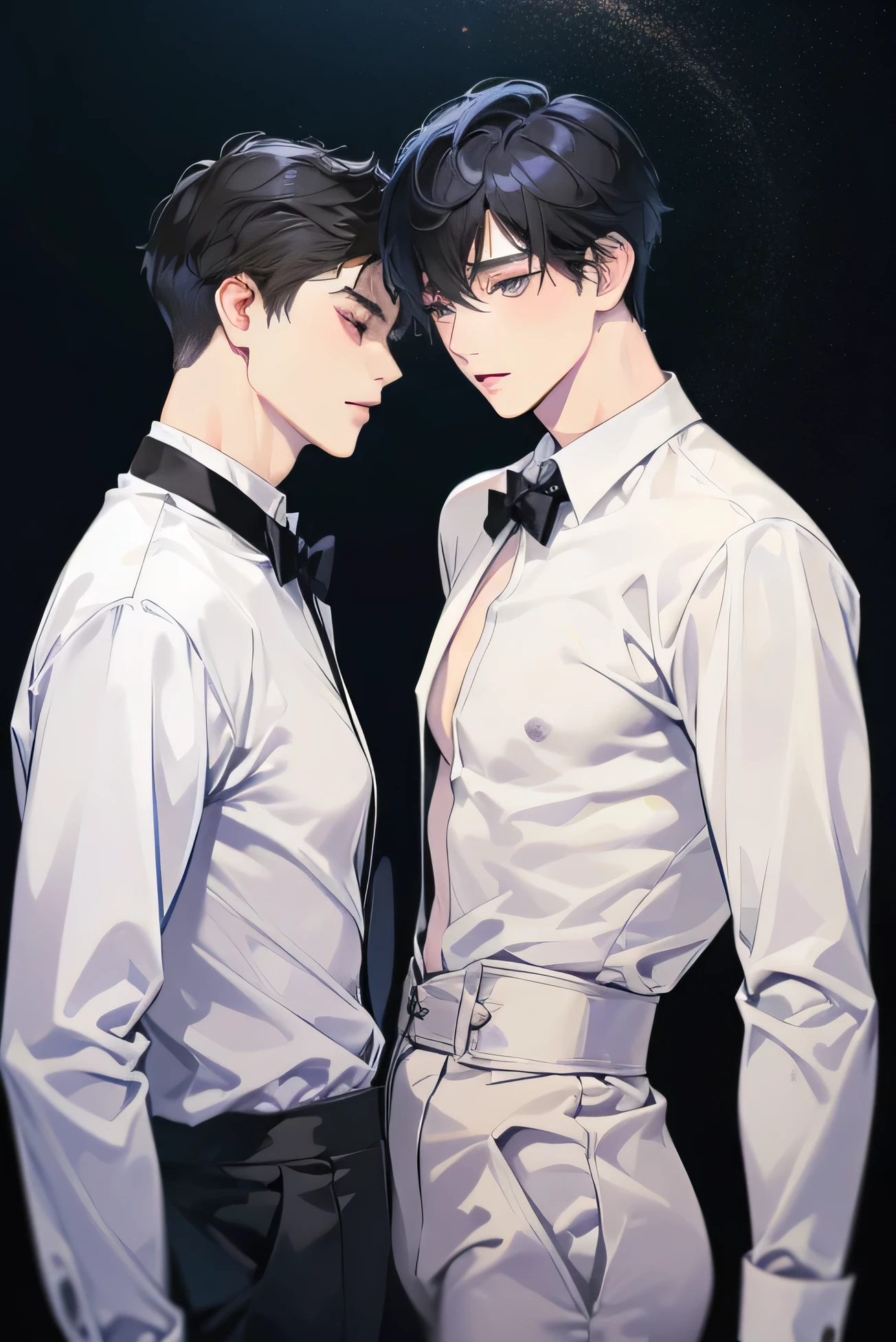 Japanese　　Handsome　Short cut　Shaved head　Black Hair　male　Black Tuxedo　formal　Upper Body　Background Universe　Short cut　Shaved head　Men flirting with each other　Unbutton　Undress　naked