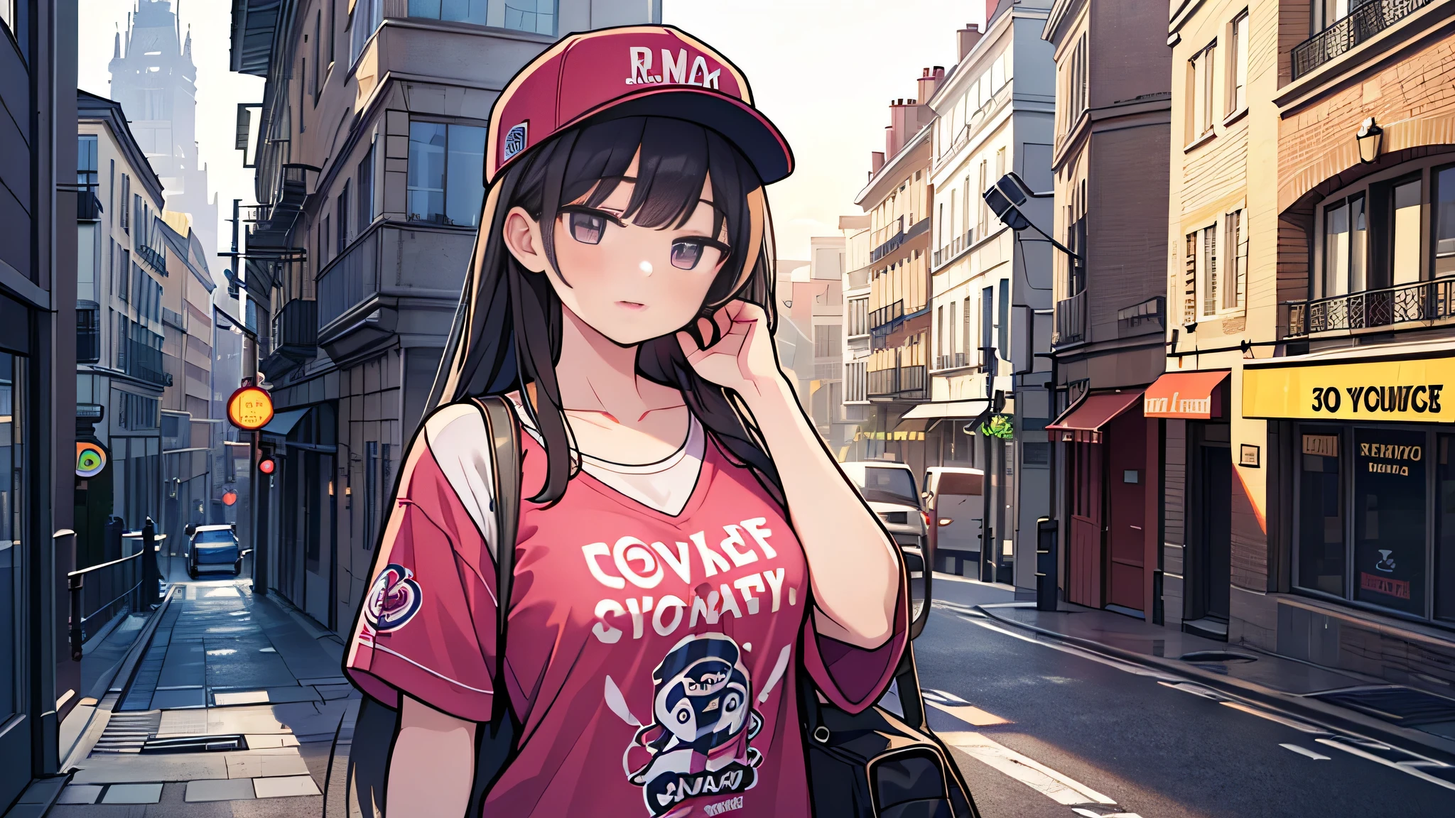 1 female, fierce gangster, asian, cute slanty eyes, full sleeve geisha tattoos on right arm, teardrop tattoo under eye, hip hop clothes, realistic lips, oversized white t-shirt, arms crossed propping up breast, hourglass figure, on the street corner, pistol tucked in pants, light brown hair, purple eyes, angry, red hair, slit pupils, baseball cap, best quality