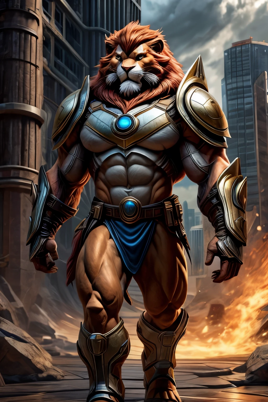 battlebeast2023,white fur, braided mane. black suit, armor, red and gold belt, gloves, looking at viewer, serious, evil grin,full body shot, standing, inside, office, desk, large window, cityscape, blue sky, high quality, masterpiece, <lora:battlebeast2023:.6>