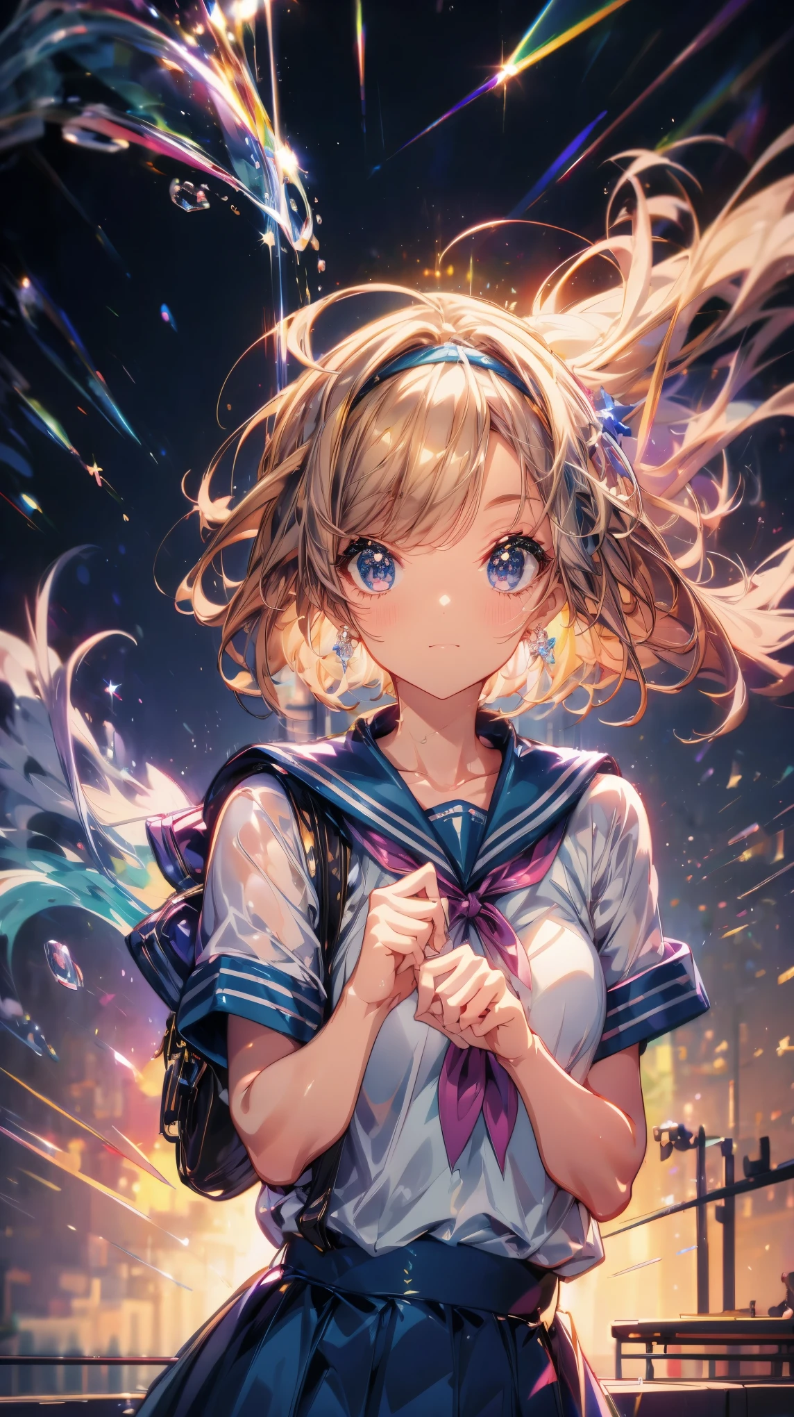 (masterpiece), 4K, Kingdom Hearts Background, Detailed explanation, Shine like a star, A cool expression floating in the night sky, Watching over us, Shining Star々, Bringing Happiness,Wearing a sailor uniform, High school girl, Jewel-like brown short hair, Jewel-like eyes, aura, anime, Zoom out、colorful, adult, glamorous, Hairbands,