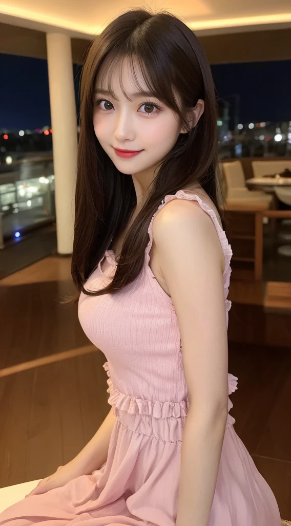 Korea girl in a pink dress with a red diamond necklace ,standing in front of a wall, brown hair, blue eyes, point nose, beautiful lips, realistic ultra details, high quality face